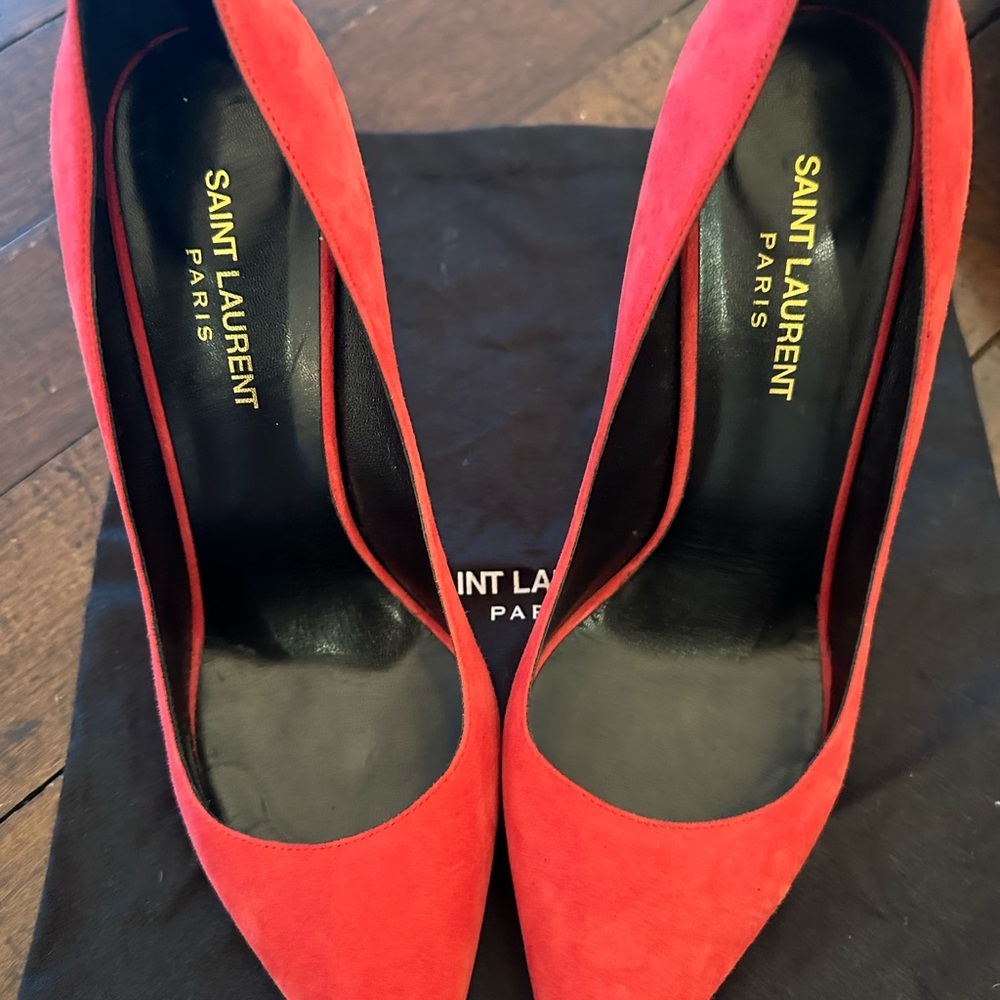Saint Laurent Red Suede Heels - Picture 9 of 10